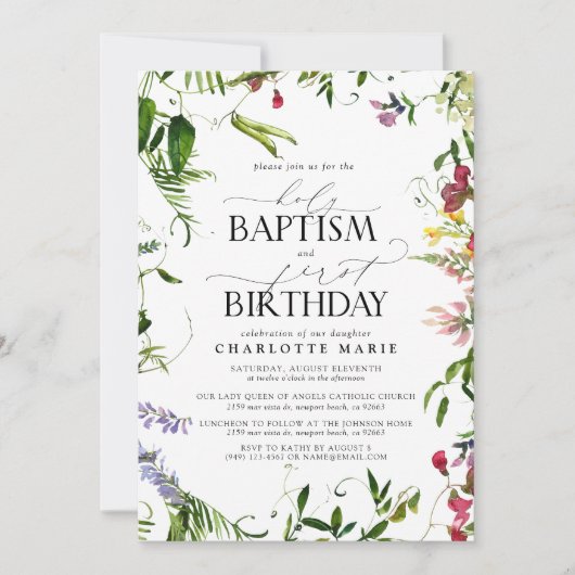 Elegante Zomer Wildbloem Doop 1e Verjaardag Kaart (Voorkant)