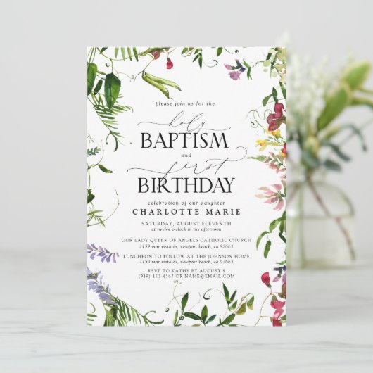 Elegante Zomer Wildbloem Doop 1e Verjaardag Kaart (Staand voorkant)