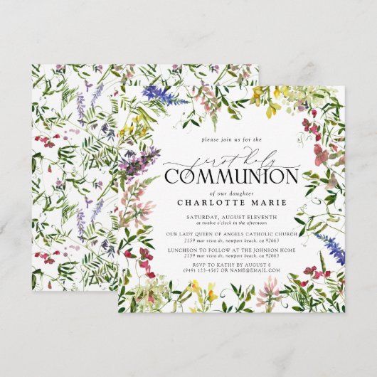 Elegante Zomer Wildbloem Eerste Heilige Communie Kaart (Voorkant / Achterkant)