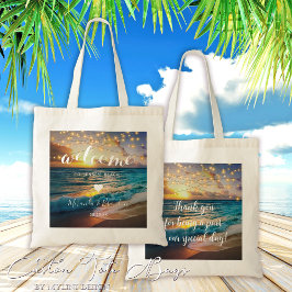 Elegante zomer zonsondergang strand bruiloft welko tote bag