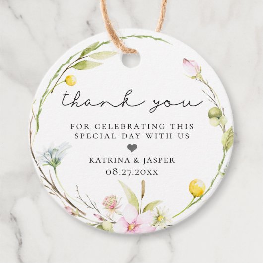 Elegante zomerse wilde bloemenkrans bruiloft bedankjes labels (Voorkant)