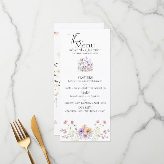 Elegante zomerweide wilde bloemen bruiloft menu (Voorkant / Achterkant in situ)