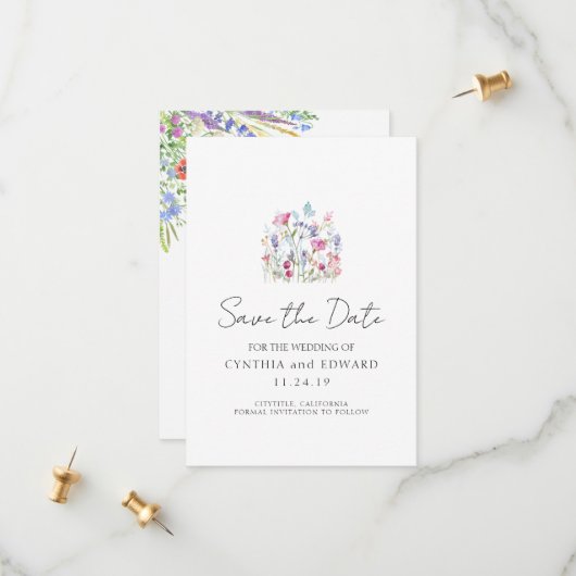 Elegante zomerweide wilde bloemen bruiloft save the date (Voorkant / Achterkant in situ)