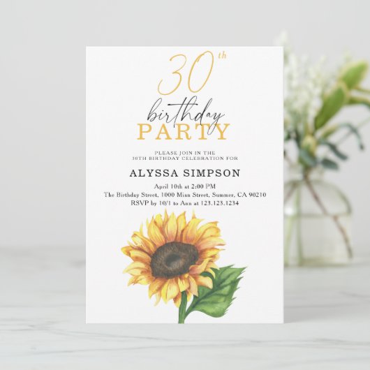 Elegante Zonnebloem 30e verjaardag Uitnodiging (Staand voorkant)