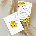 Elegante Zonnebloem 30e Verjaardagsfeestje Kaart<br><div class="desc">gele zonnebloem bloemenuitnodiging voor de 30e verjaardag. Gele pioenen en witte madeliefjes mengen zich met de zonnebloemen. Een gouden lijst geeft het een elegante sfeer. Zeer gemakkelijk aan te passen. Die rug is wit met een zonnebloemboeket. Dit is perfect voor een zomerse verjaardagsviering.</div>