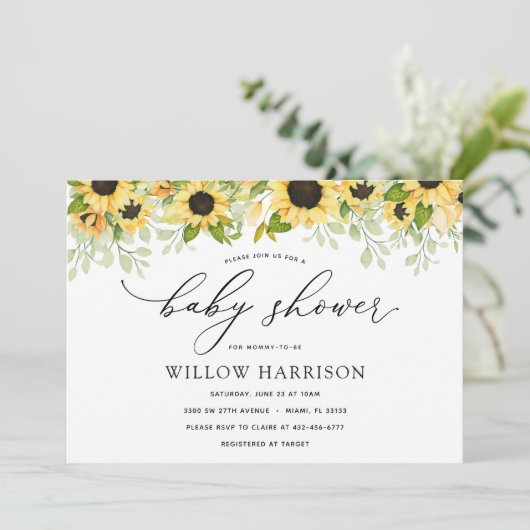 Elegante Zonnebloem Baby shower Invitation Kaart (Staand voorkant)
