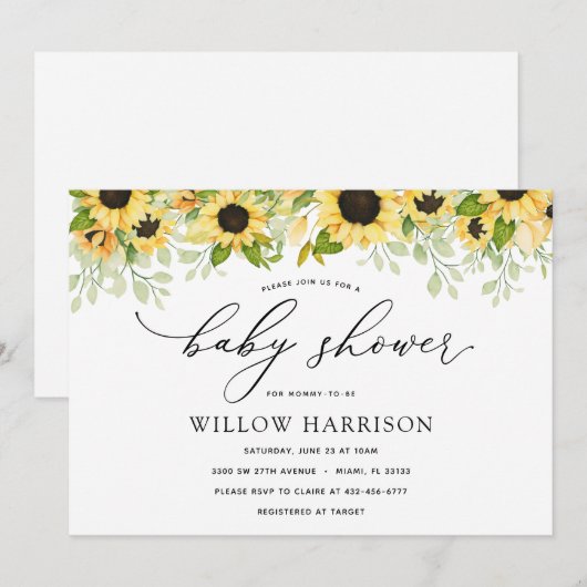 Elegante Zonnebloem Baby shower Invitation Kaart (Voorkant / Achterkant)