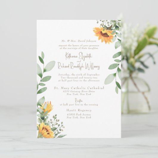 Elegante Zonnebloem Bladgroen Gouden Tekst Bruilof Kaart (Staand voorkant)