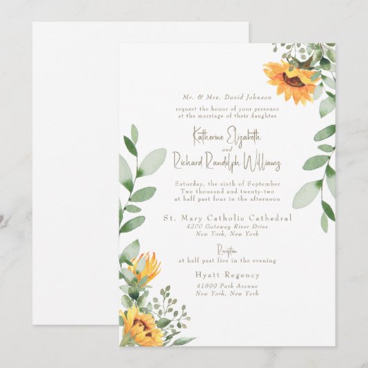 Elegante Zonnebloem Bladgroen Gouden Tekst Bruilof Kaart (Voorkant / Achterkant)