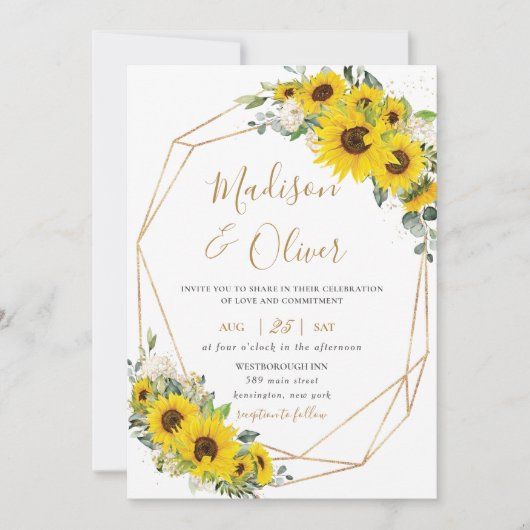 Elegante Zonnebloem Bloemen Goud Geometrische Brui Kaart (Voorkant)