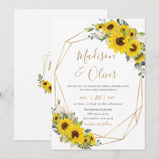 Elegante Zonnebloem Bloemen Goud Geometrische Brui Kaart (Voorkant / Achterkant)