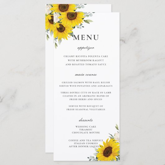 Elegante Zonnebloem Bloemen Groen Bruiloft Menu (Voorkant / Achterkant)