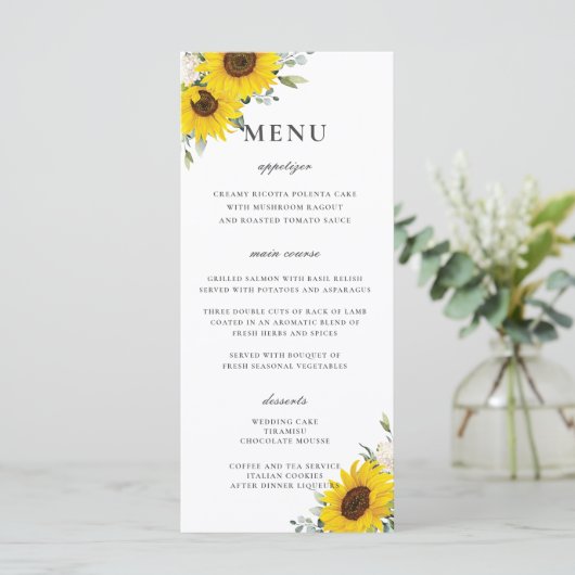 Elegante Zonnebloem Bloemen Groen Bruiloft Menu (Staand voorkant)