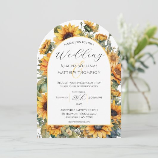 Elegante Zonnebloem Boog Bruiloft Kaart (Staand voorkant)