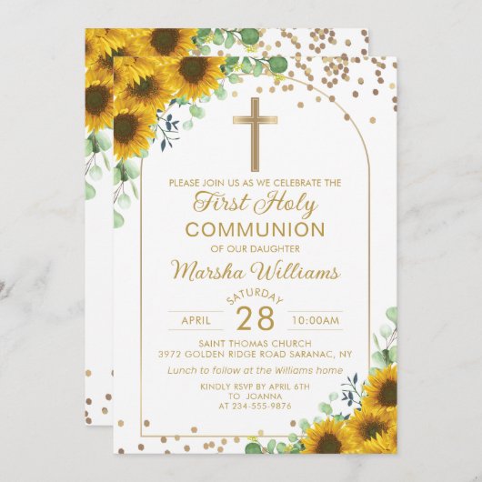Elegante Zonnebloem Boog Goud Eerste Heilige Commu Kaart (Voorkant / Achterkant)