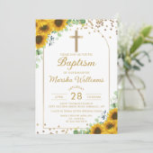 Elegante Zonnebloem Boog Goud Glitter Meisje Doop Kaart (Staand voorkant)