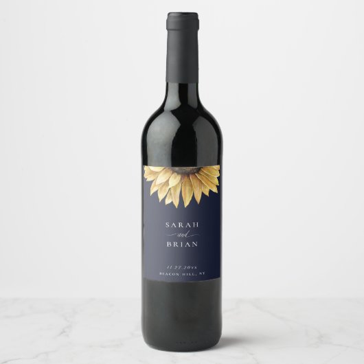 Elegante zonnebloem bruiloft marine blauw wijn etiket (Voorkant)