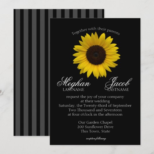 Elegante zonnebloem bruiloft zwart kaart (Voorkant / Achterkant)
