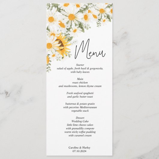 Elegante Zonnebloem Daisy Bruiloft Menu (Voorkant)