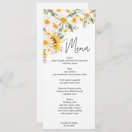 Elegante Zonnebloem Daisy Bruiloft Menu (Voorkant / Achterkant)