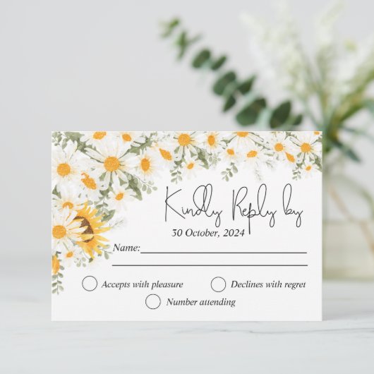 Elegante Zonnebloem Daisy Bruiloft RSVP kaart (Staand voorkant)