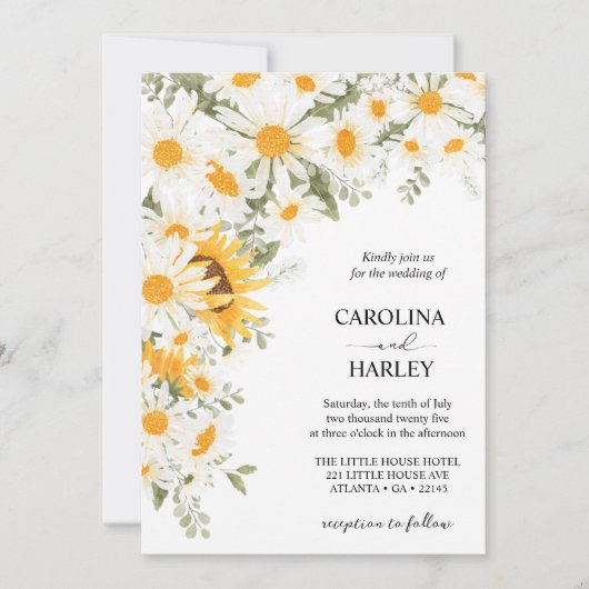 Elegante zonnebloem Daisy bruiloft uitnodiging (Voorkant)