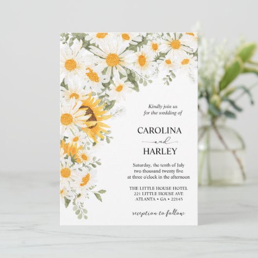Elegante zonnebloem Daisy bruiloft uitnodiging (Staand voorkant)