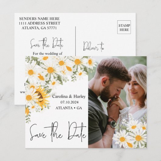Elegante Zonnebloem Daisy Save the Date Briefkaart (Voorkant / Achterkant)