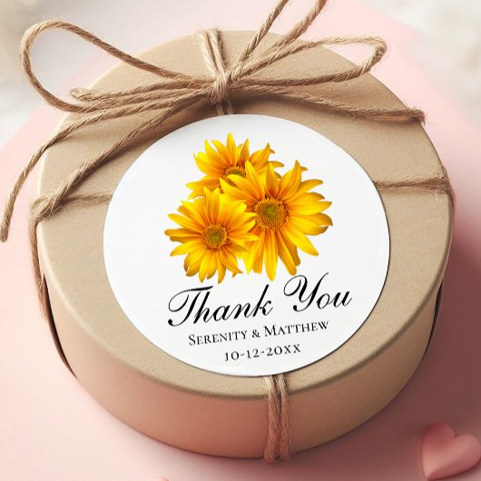 Elegante zonnebloem dank u gele bloemenbruiloft ronde sticker