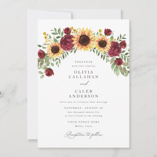 Elegante Zonnebloem en Bourgogne Bloemen Huwelijk Kaart (Voorkant)