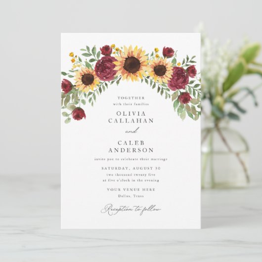 Elegante Zonnebloem en Bourgogne Bloemen Huwelijk Kaart (Staand voorkant)