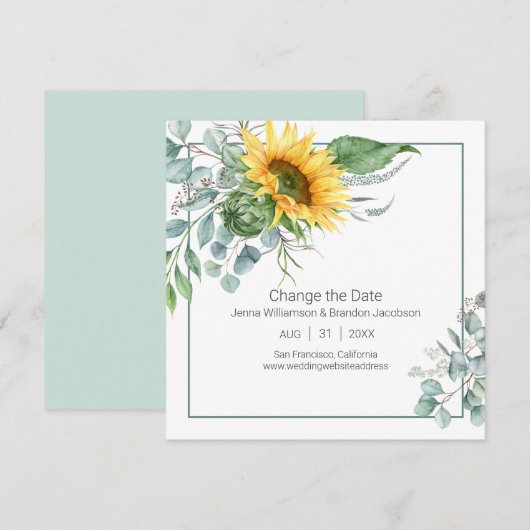 Elegante zonnebloem en eucalyptus veranderen de da save the date (Voorkant / Achterkant)