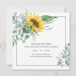 Elegante zonnebloem en eucalyptus veranderen de da save the date