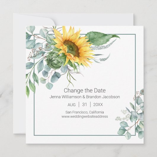 Elegante zonnebloem en eucalyptus veranderen de da save the date (Voorkant)