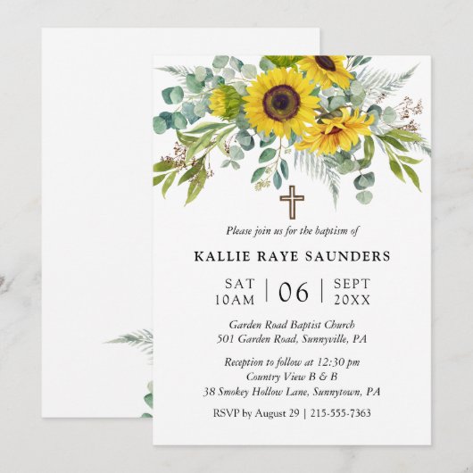 Elegante Zonnebloem Eucalyptus Bloemkruis Doop Kaart (Voorkant / Achterkant)