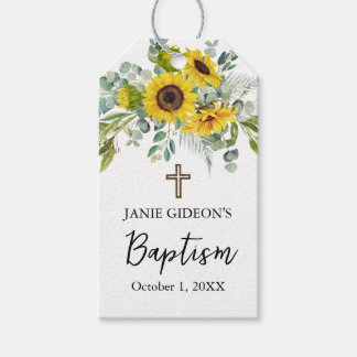 Elegante zonnebloem & eucalyptus boho kruis doop cadeaulabel