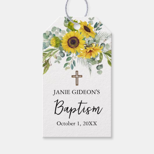 Elegante zonnebloem & eucalyptus boho kruis doop cadeaulabel (Voorkant)