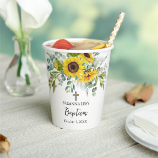 Elegante zonnebloem & eucalyptus boho kruis doop papieren bekers