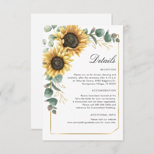 Elegante Zonnebloem Eucalyptus Bruiloft Details Informatiekaartje (Voorkant / Achterkant)
