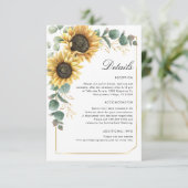 Elegante Zonnebloem Eucalyptus Bruiloft Details Informatiekaartje (Staand voorkant)