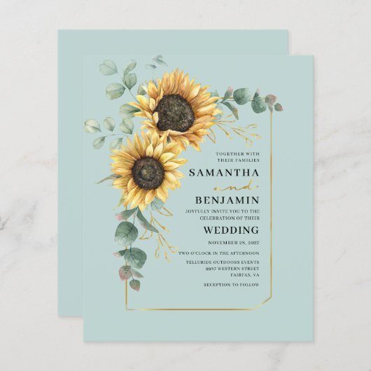 Elegante zonnebloem Eucalyptus bruiloft uitnodigin (Voorkant / Achterkant)