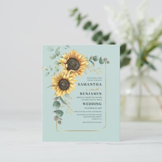 Elegante zonnebloem Eucalyptus bruiloft uitnodigin (Staand voorkant)