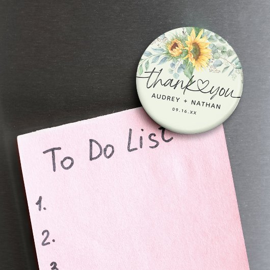 Elegante zonnebloem eucalyptus dank u bruiloft magneet