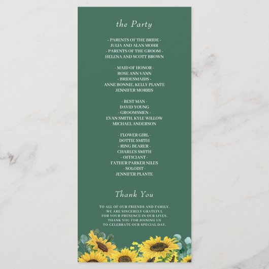 Elegante Zonnebloem Eucalyptus huwelijksceremonie Programmakaart (Achterkant)