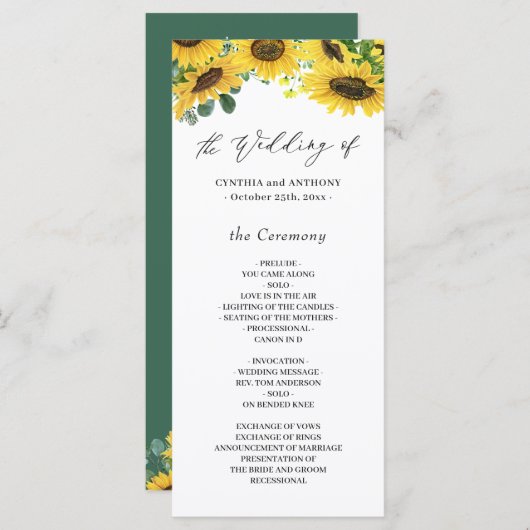 Elegante Zonnebloem Eucalyptus huwelijksceremonie Programmakaart (Voorkant / Achterkant)