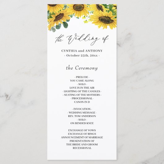 Elegante Zonnebloem Eucalyptus huwelijksceremonie Programmakaart (Voorkant)