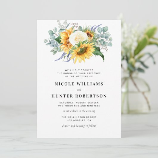 Elegante Zonnebloem Eucalyptus Navy Blue bruiloft Kaart (Staand voorkant)