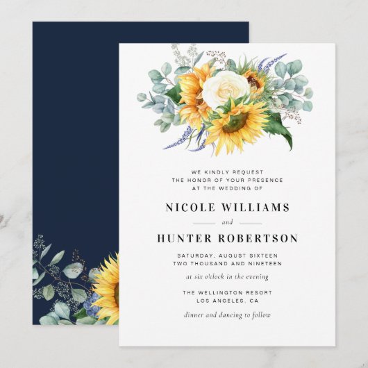 Elegante Zonnebloem Eucalyptus Navy Blue bruiloft Kaart (Voorkant / Achterkant)