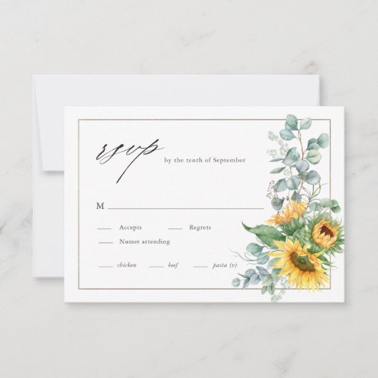 Elegante Zonnebloem Eucalyptus Waterverf Bruiloft RSVP Kaartje (Voorkant)