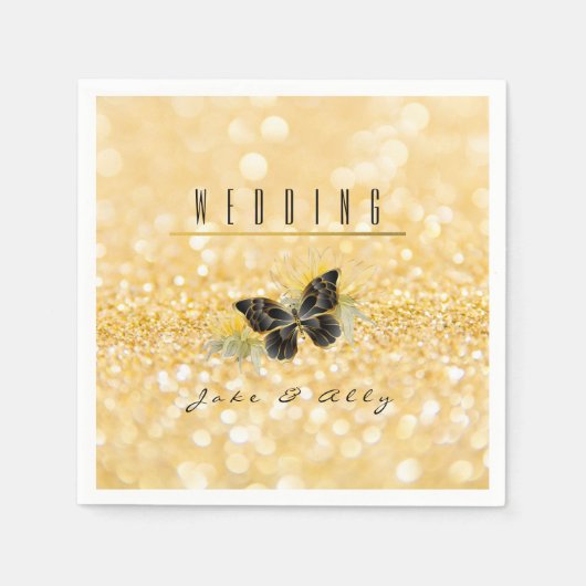 Elegante zonnebloem glans Zwarte vlinder Goud Servet (Voorkant)